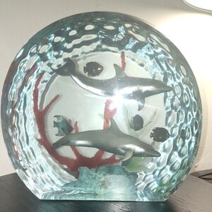 Artistic Glass Dolphin Sculpture with Coral and Fish
